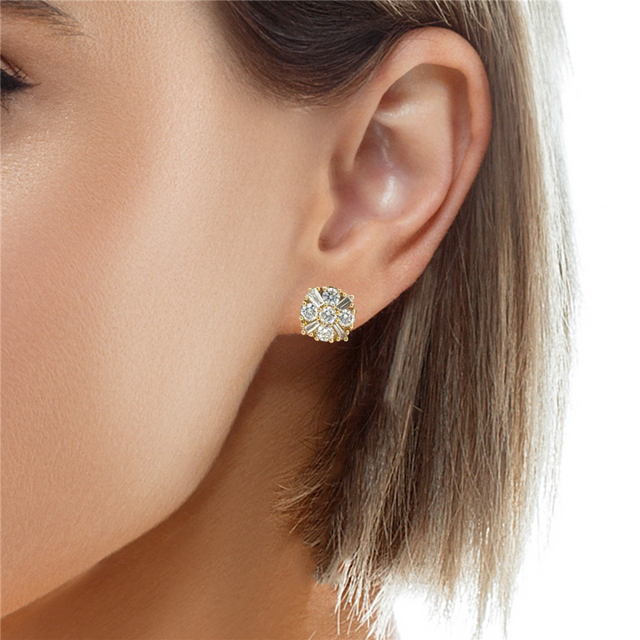 0.80 CTW Diamond Baguette & Round Stud Earrings in 14K Yellow Gold