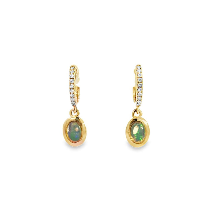 0.14 CTW Diamond & Bezel Set Opal Hoop Drop Earrings in 14K Yellow Gold