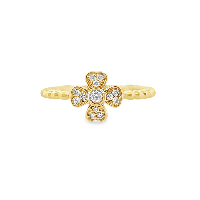 0.12 CTW Diamond Flower Ring with Beaded Band, 14K Yellow Gold