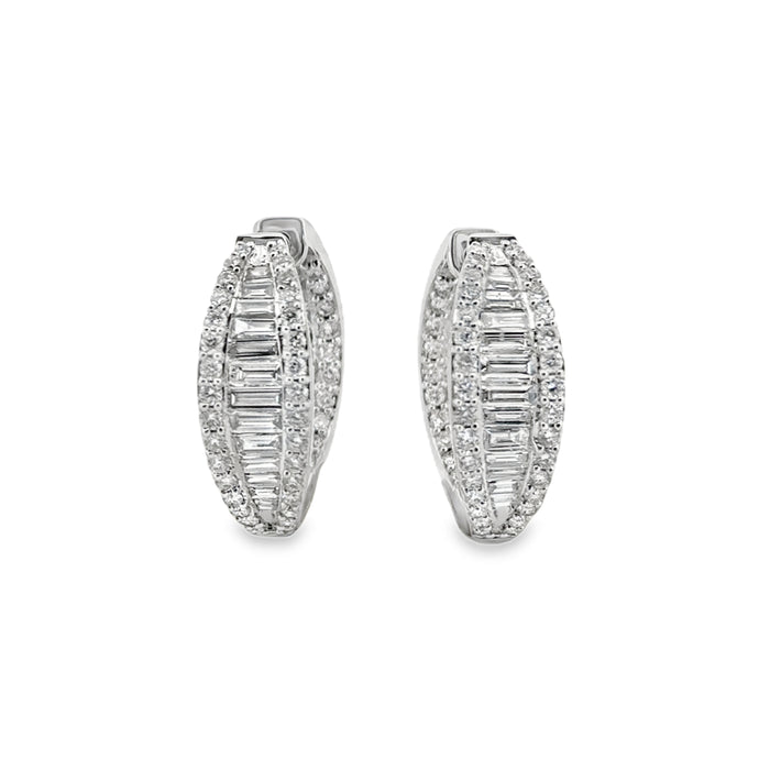 2.00 CTW Round & Baguette Diamond 14K White Gold Hoop Earrings