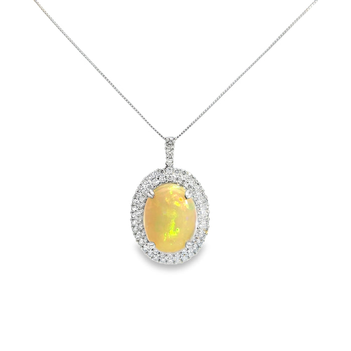 6.15 CT Opal & 1.35 CTW Diamond Double Halo Platinum Pendant Necklace