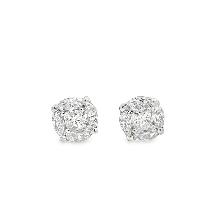 Diamond Cluster Stud Earrings – 1.75 CTW, 18K White Gold