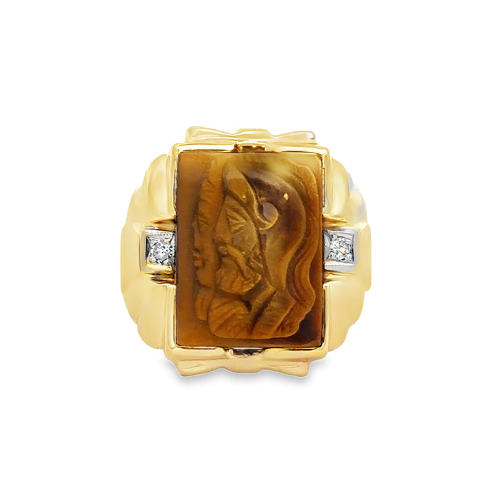 Diamond Tiger Eye Cameo 10K Yellow Gold Men's Ring