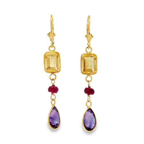 14K Yellow Gold Citrine, Garnet & Amethyst Dangle Earrings