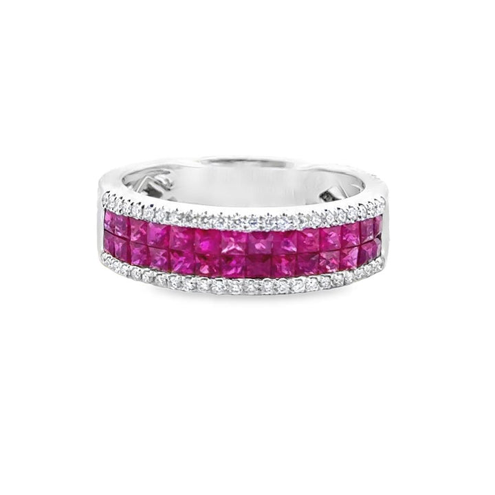 14K White Gold Wide Band Ring with 1.21 CTW Square Rubies and 0.17 CTW Round Diamonds