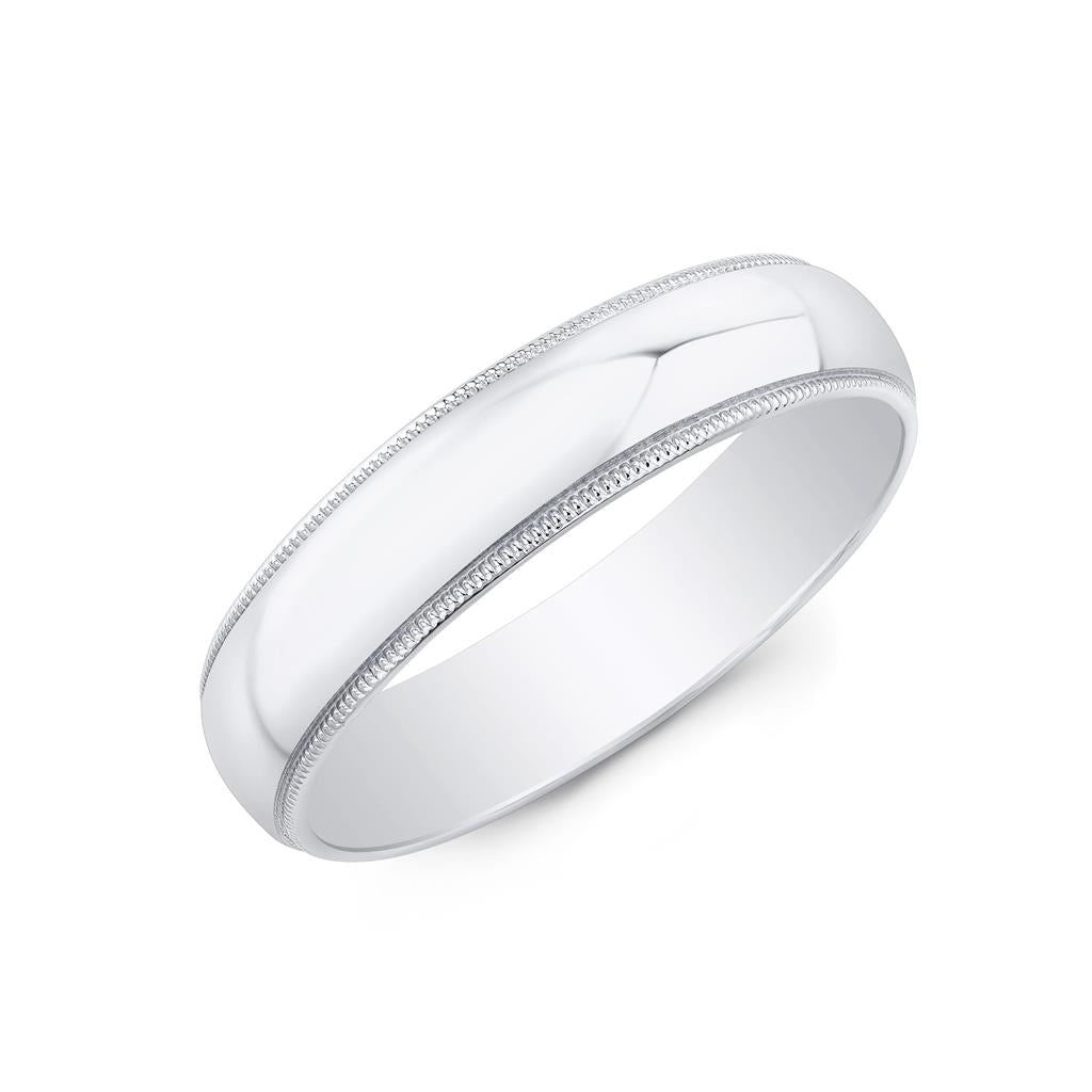 18K White Gold Men's Half Round Milgrain Wedding Band - High Polish, 5mm