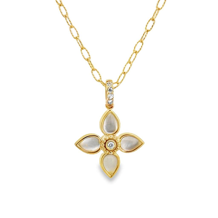 0.09 CTW Diamond & 2.68 CTW Quartz Over Mother of Pearl 18K Yellow Gold Floral Pendant