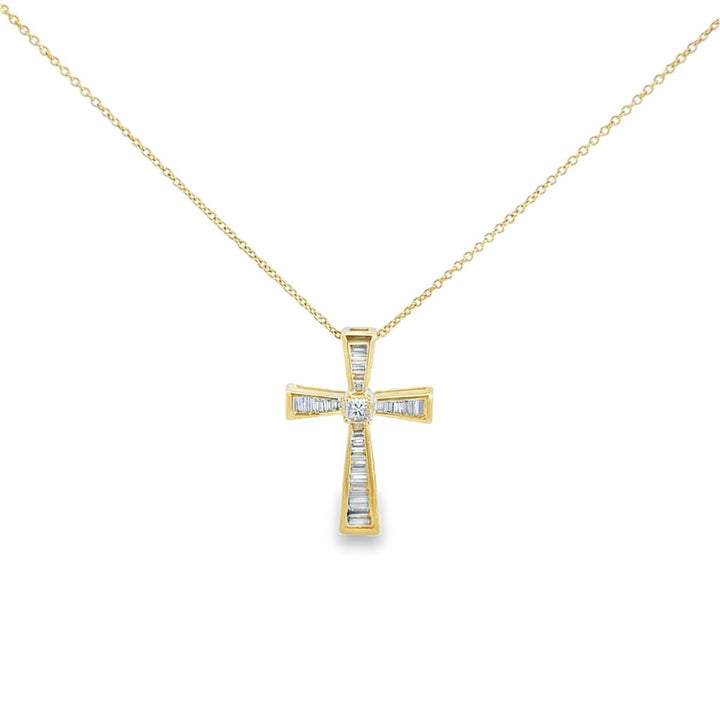 Baguette & Princess Cut Diamond Cross 14K Yellow Gold Pendant Necklace