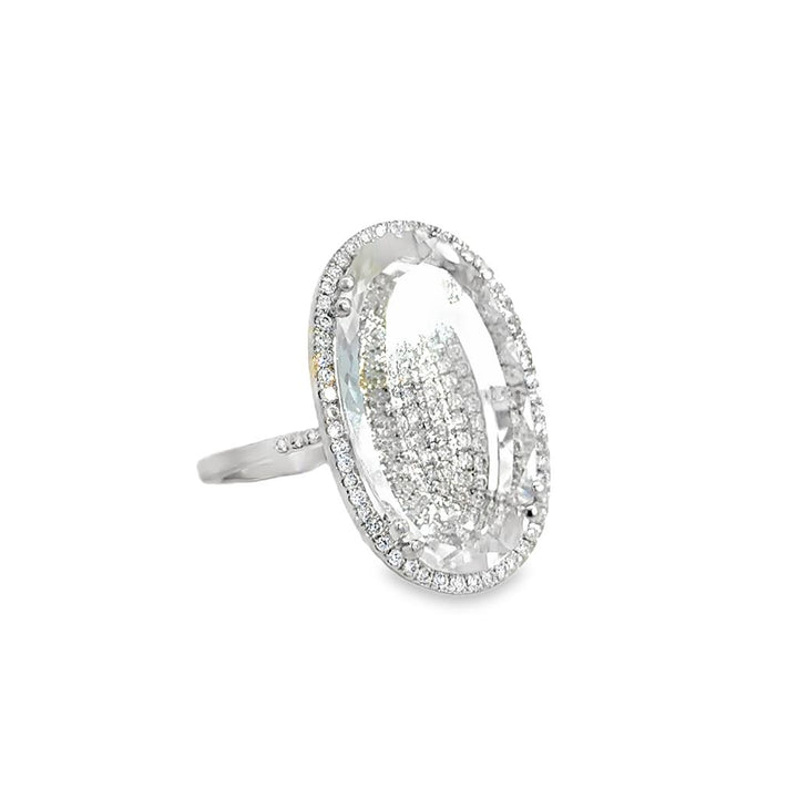 Suzanne Kalan Faceted White Quartz Ring Over 0.65 CTW Pavé Diamonds in 18K White Gold