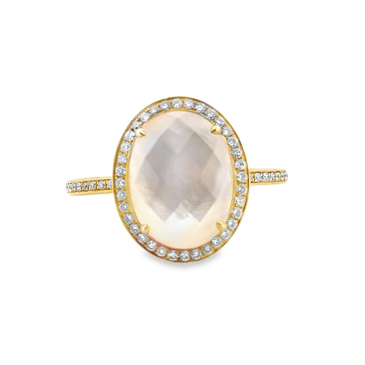 18K Yellow Gold Ring with Clear Quartz over Mother of Pearl and 0.23 CTW Diamonds