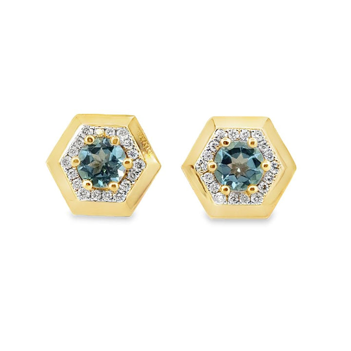 Hexagon Halo 14K Yellow Gold Blue Topaz and Diamond Stud Earrings