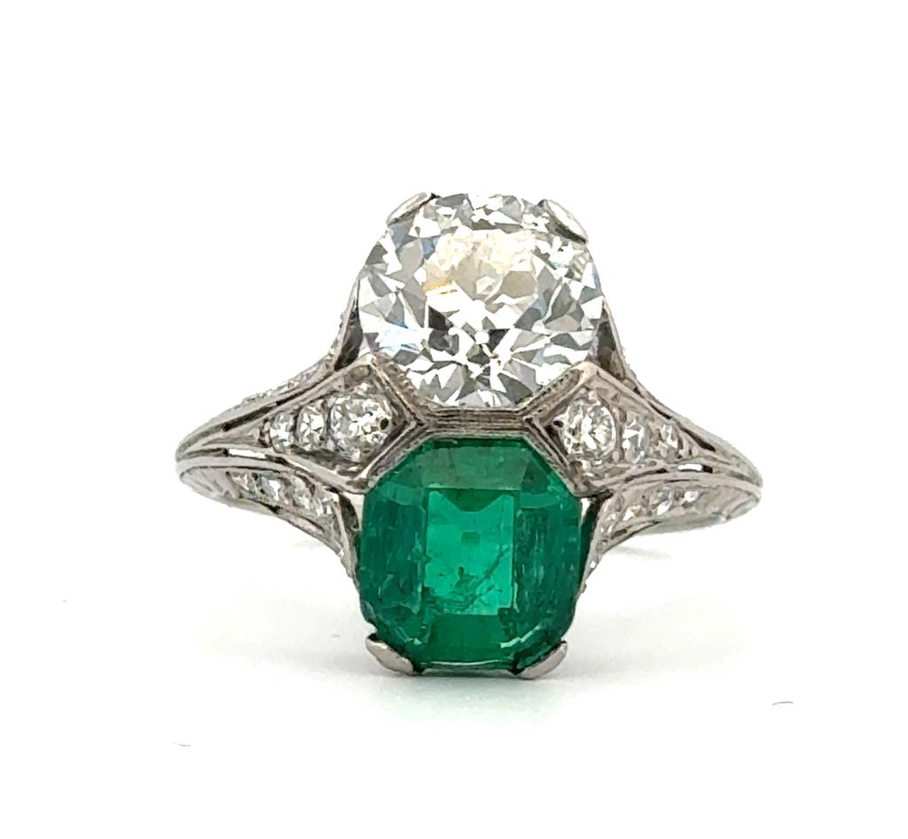 Vintage 1.96 CT Diamond and 1.43 CT Emerald Platinum Ring