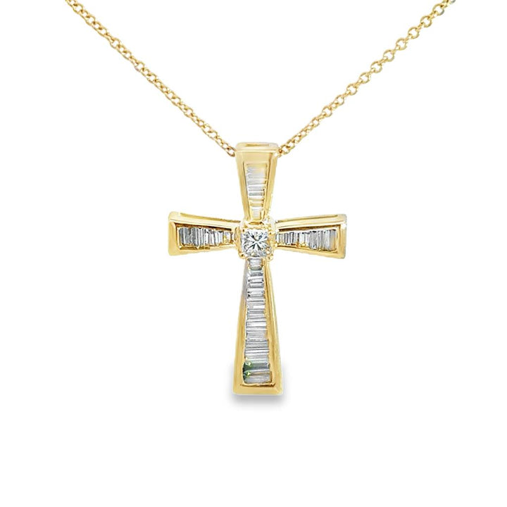 Baguette & Princess Cut Diamond Cross 14K Yellow Gold Pendant Necklace