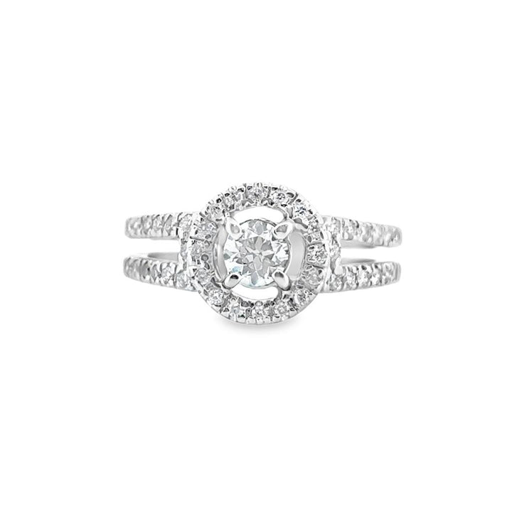 0.80 CTW Diamond Halo Ring with Split Shank in 14K White Gold