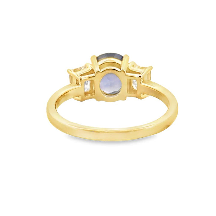2.36 CT Oval Unheated Sapphire and 1.00 CTW Emerald Cut Diamond Three-Stone Ring, 18K Yellow Gold
