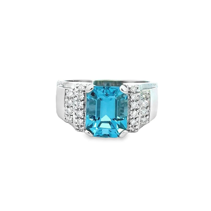 4.35 CT Blue Topaz & 0.20 CTW Diamond Ring – 14K White Gold
