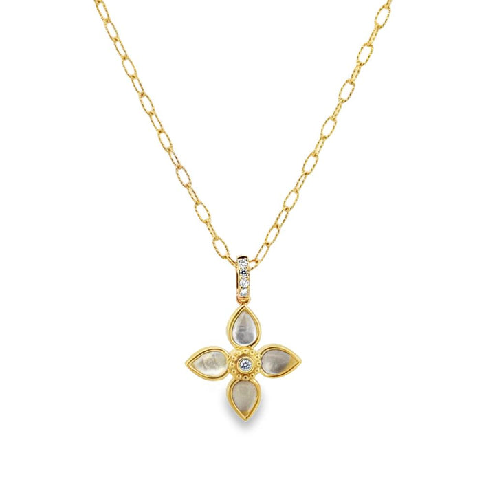 0.09 CTW Diamond & 2.68 CTW Quartz Over Mother of Pearl 18K Yellow Gold Floral Pendant