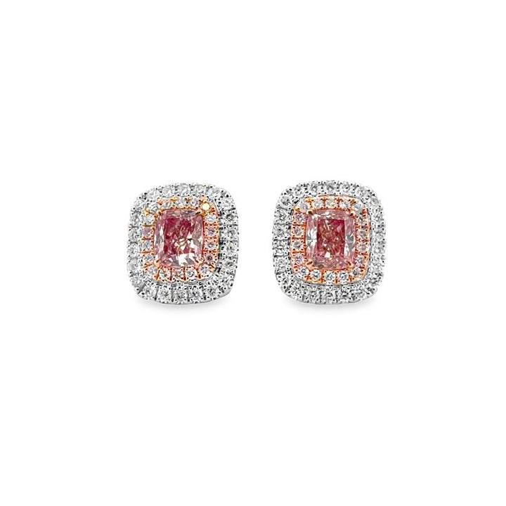 1.06 CTW Cushion Cut Pink Diamond Halo Earrings in 18K White and Yellow Gold