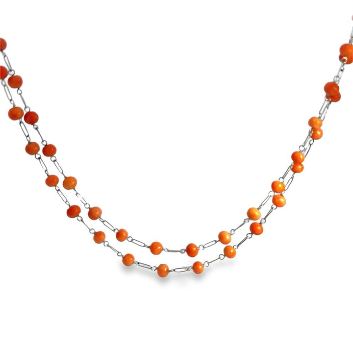 18K White Gold Coral Beaded Necklace – 33" Long, 4mm Beads