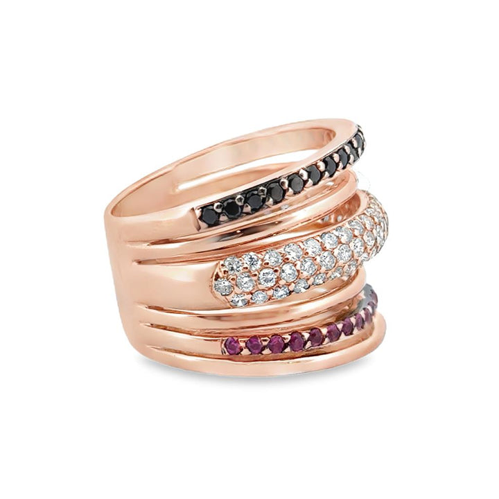 18K Rose Gold Wide Band Ring with White Diamonds, Black Diamonds, and Pink Sapphires, 17mm Wide