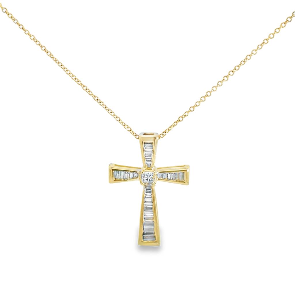 Baguette Princess Cut Diamond Cross 14K Yellow Gold Pendant Necklace
