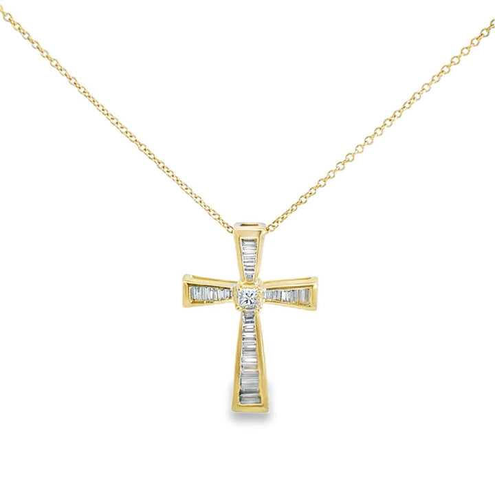 Baguette & Princess Cut Diamond Cross 14K Yellow Gold Pendant Necklace