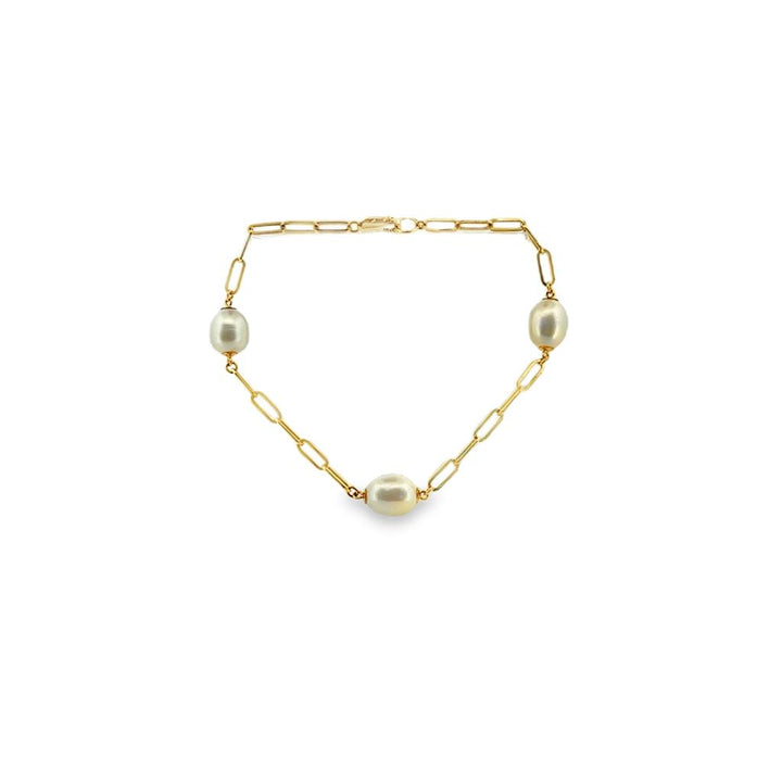 14K Yellow Gold Paperclip Link Bracelet with 8mm Pearls