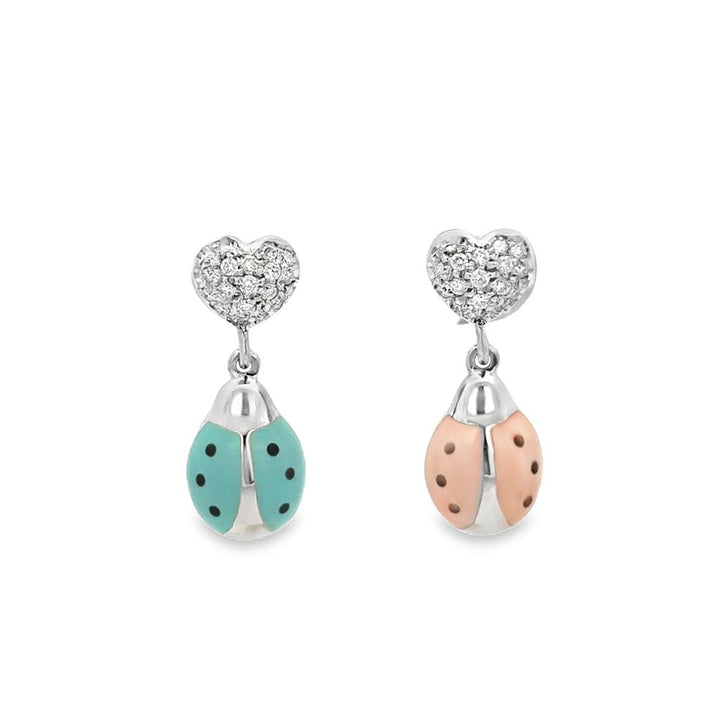 Aaron Basha 0.30 CTW Diamond Ladybug Earrings in 18K White Gold with Pink & Turquoise Enamel