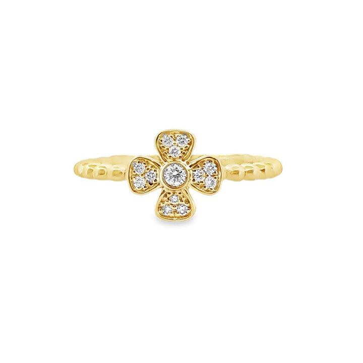 0.12 CTW Diamond Flower Ring with Beaded Band, 14K Yellow Gold