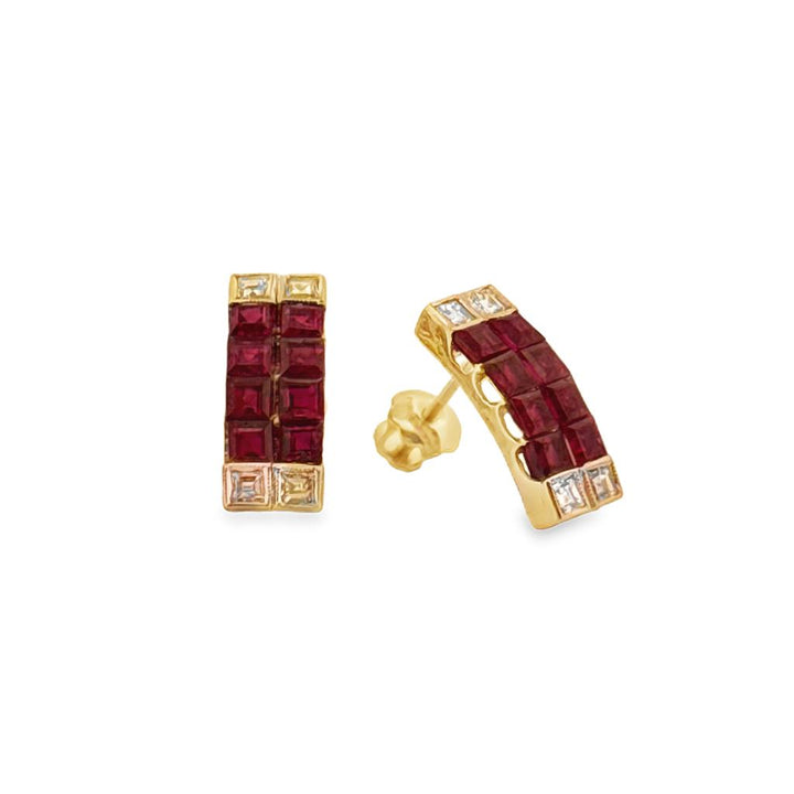 Ruby & Diamond Princess Cut Earrings in 14K Yellow Gold, 14mm