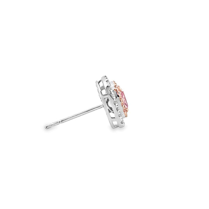 1.06 CTW Cushion Cut Pink Diamond Halo Earrings in 18K White and Yellow Gold