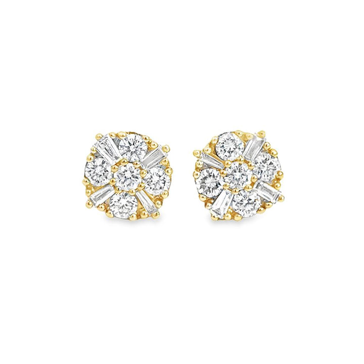 0.80 CTW Diamond Baguette & Round Stud Earrings in 14K Yellow Gold