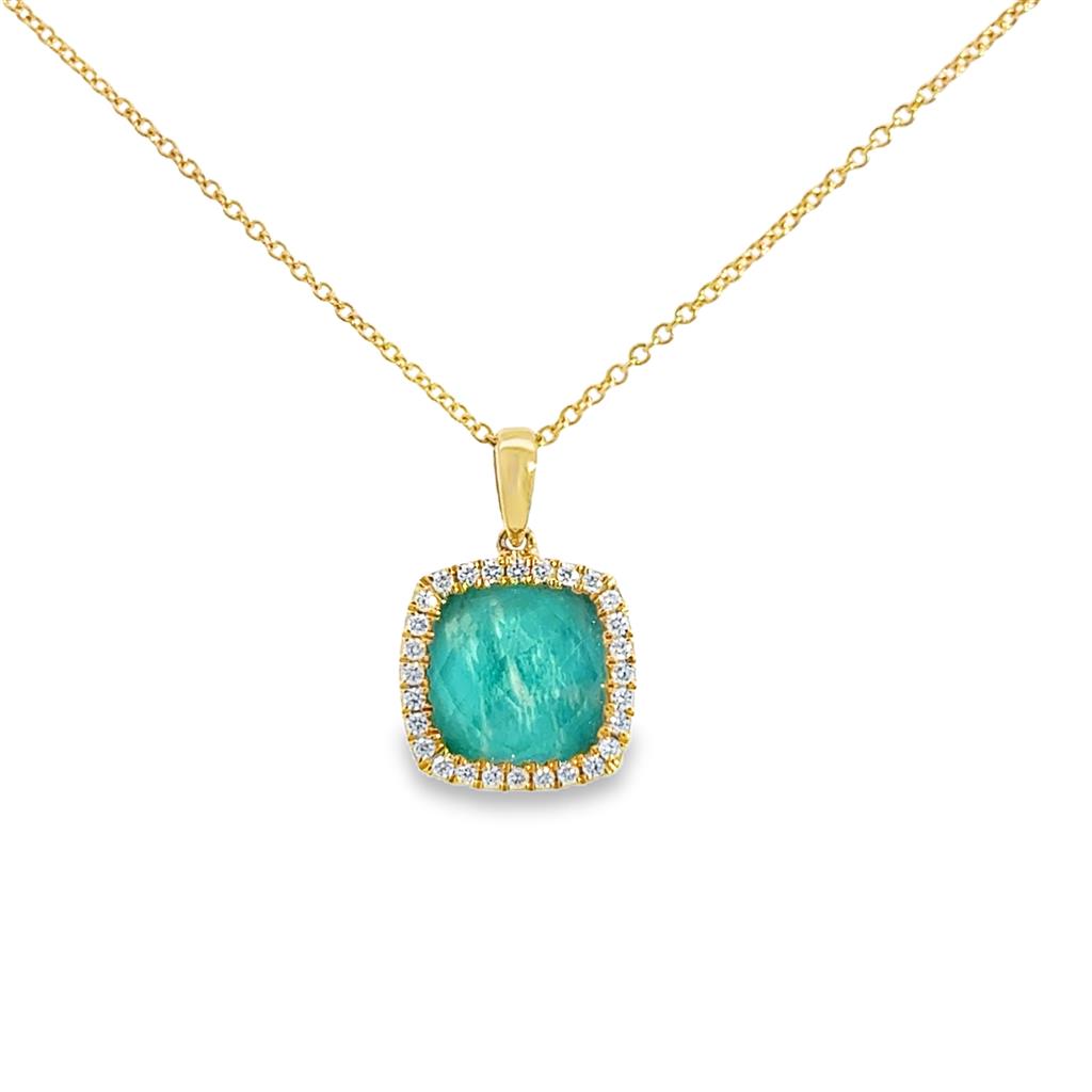 Doves 0.14 CTW Diamond & 3.01 CT Clear Quartz over Amazonite 18K Yellow Gold Pendant Necklace