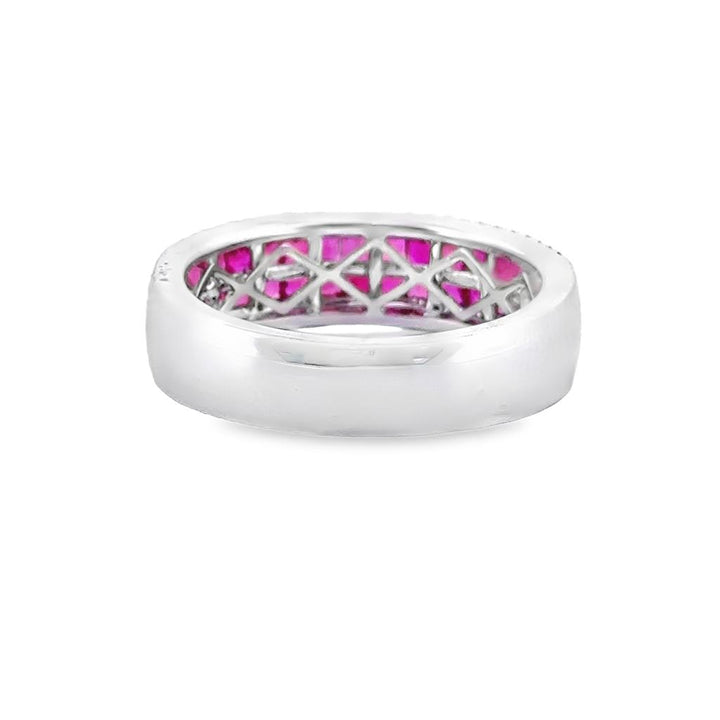 14K White Gold Wide Band Ring with 1.21 CTW Square Rubies and 0.17 CTW Round Diamonds