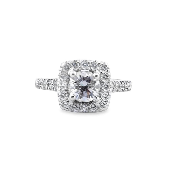 0.76 CT Round Diamond Halo Engagement Ring with 0.65 CTW Accent Diamonds in 14K White Gold
