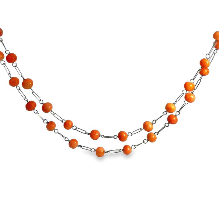 18K White Gold Coral Beaded Necklace – 33" Long, 4mm Beads