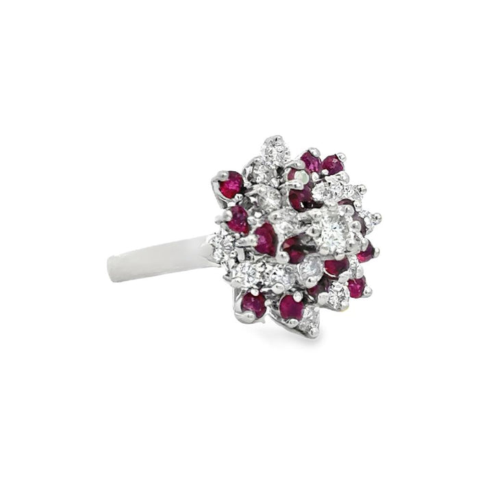 0.60 CTW Diamond & Ruby Cluster Ring in 14K White Gold – Size 6
