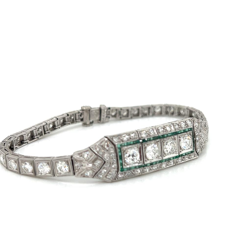 Art Deco 5.76 CT Diamond and 0.45 CT Emerald Platinum Bracelet