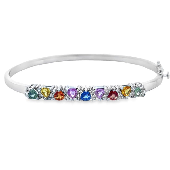 Multi-Colored Sapphire & Approx 0.60 CTW Diamond 14K White Gold Hinged Bangle Bracelet