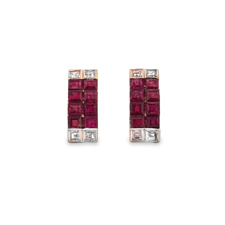 Ruby & Diamond Princess Cut Earrings in 14K Yellow Gold, 14mm