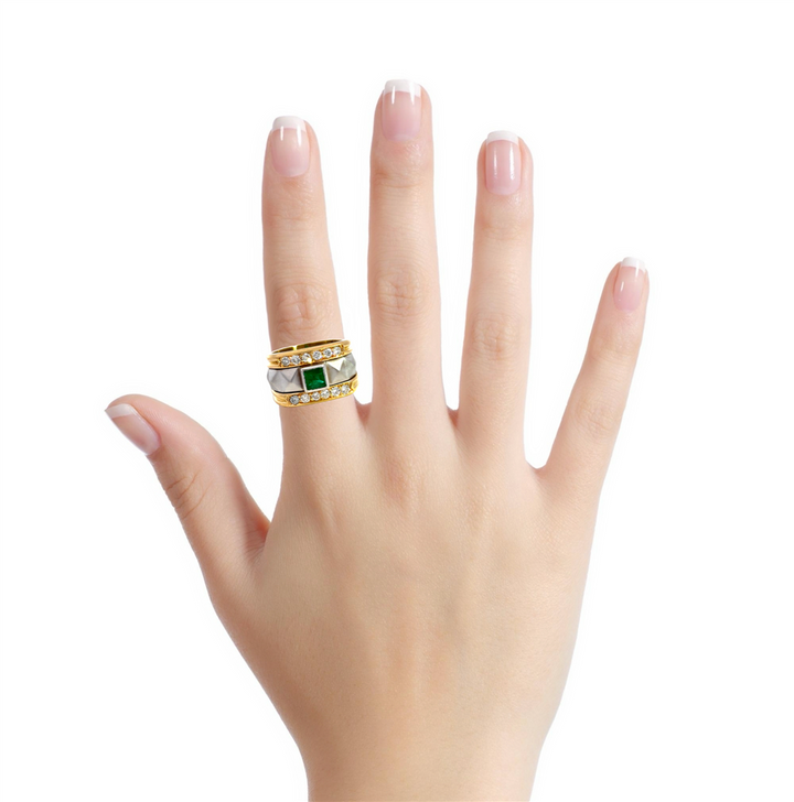 0.36 CTW Diamond & Emerald 18K Yellow and White Gold Statement Ring