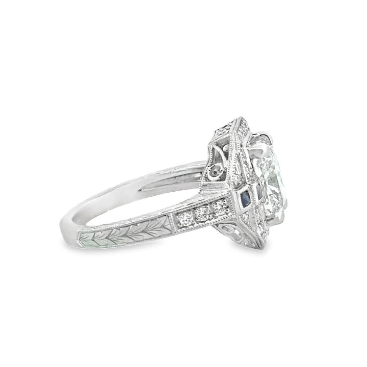 2.67 CT Cushion Cut Diamond & Sapphire Platinum Ring