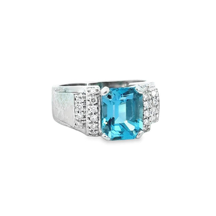 4.35 CT Blue Topaz & 0.20 CTW Diamond Ring – 14K White Gold