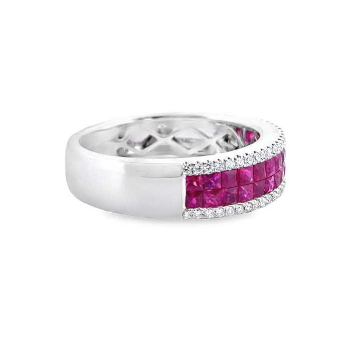 14K White Gold Wide Band Ring with 1.21 CTW Square Rubies and 0.17 CTW Round Diamonds
