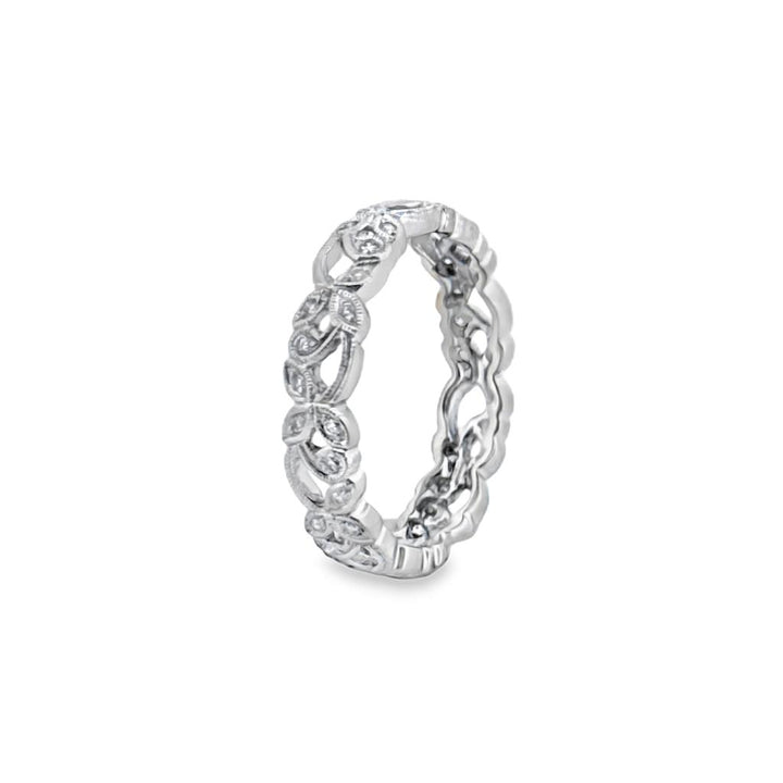 0.20 CTW Diamond Floral Band Ring – 18K White Gold, 4mm Wide