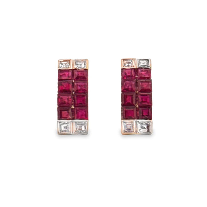 Ruby & Diamond Princess Cut Earrings in 14K Yellow Gold, 14mm