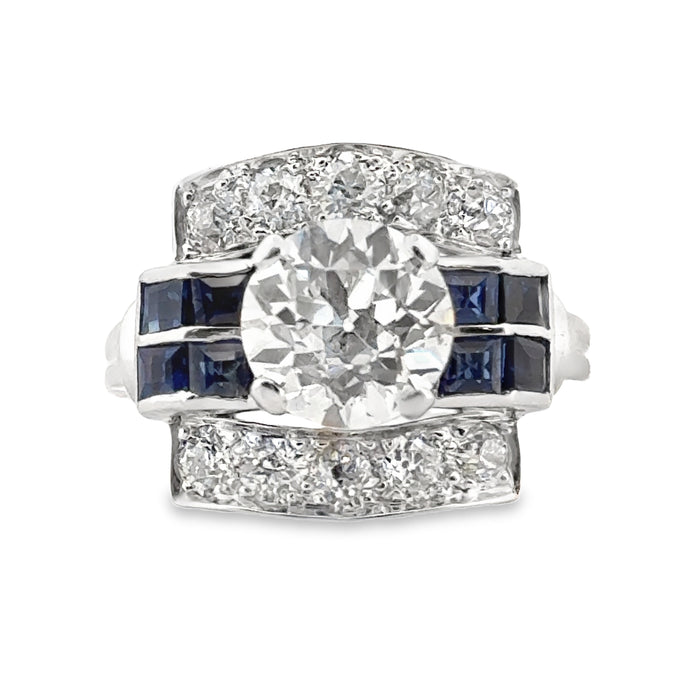 2.15 CT SI1 F Color Diamond and Sapphire Vintage Art Deco 14K White Gold Ring