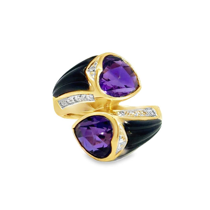 Amethyst, Onyx & Diamond 14K Yellow Gold Heart Ring