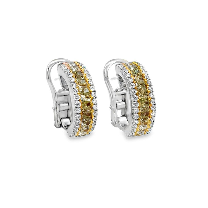 1.71 CTW Yellow Diamond & 0.57 CTW White Diamond Channel Set Earrings in 18K White Gold – 15.5mm