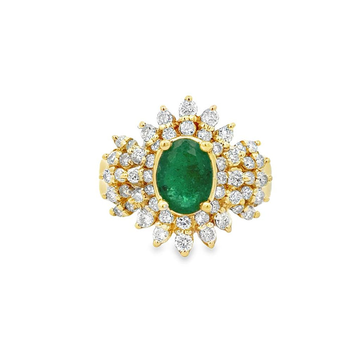 Pre-Owned 0.75 CTW Diamond & Emerald 14K Yellow Gold Cluster Ring